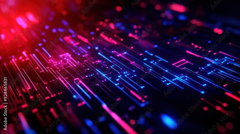 Poster abstract neon light lines creating a vibrant technology-themed background with intricate blue and re