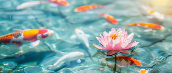 Vibrant koi fish swimming gracefully among delicate pink lotus flowers in a tranquil pond, showcasing nature's beauty.
