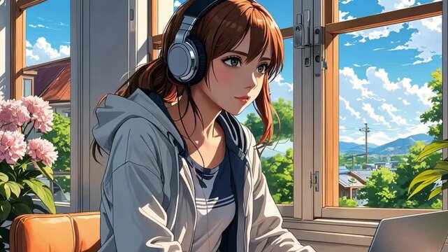 Girl listening to music while working on her laptop, anime, lofi animation, seamless loop motion graphics