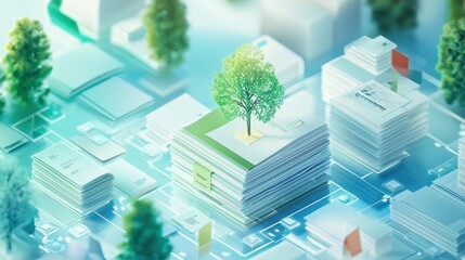 Depict a visually striking image that conveys the transition from traditional paper-based document management to a streamlined, paperless system, emphasizing efficiency and sustainability