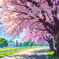 Pink Sakura tree or cherry blossom tree in spring anime 