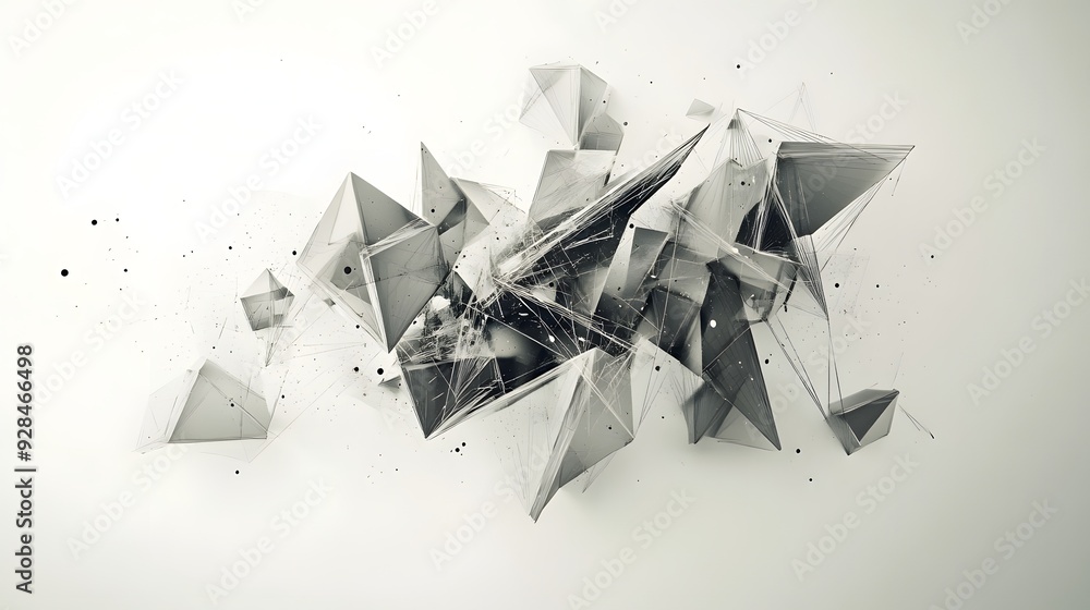 Poster 28. floating geometric prisms and interconnected shapes forming a complex 3d arrangement against whi