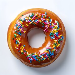 Close up of Colorfully Sprinkled Glazed Donut on White Background
