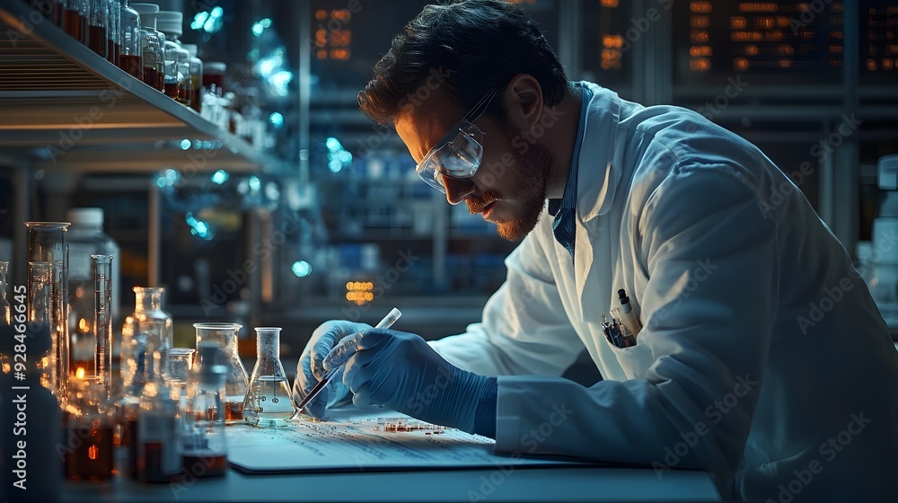 Poster the scientist records observations about the precursor in a lab notebook
