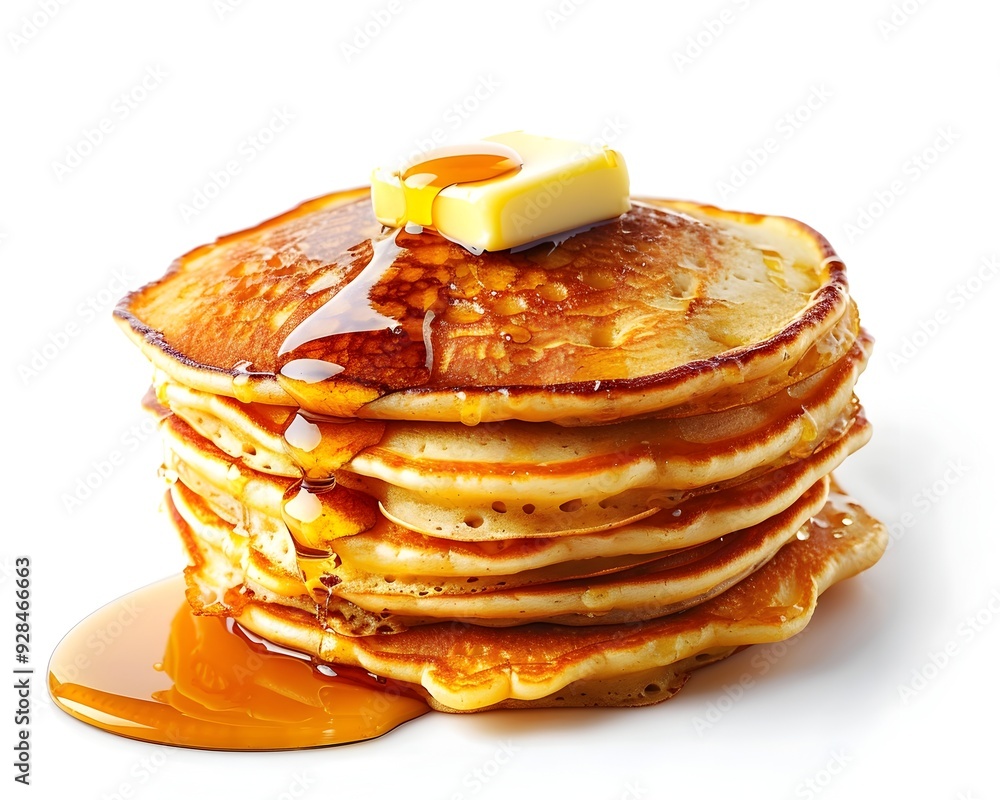 Poster buttery golden pancake stack with melting butter and maple syrup drizzle on white background