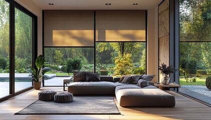 Fototapeta premium Modern Interior Design: Automatic Solar and Blackout Shades with Wood Decor