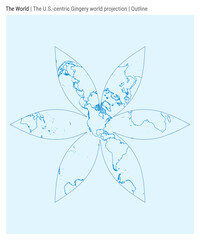 The U.S.-centric Gingery world projection. Outline style. High detail world map for infographics, education, reports, and presentations. Vector illustration.