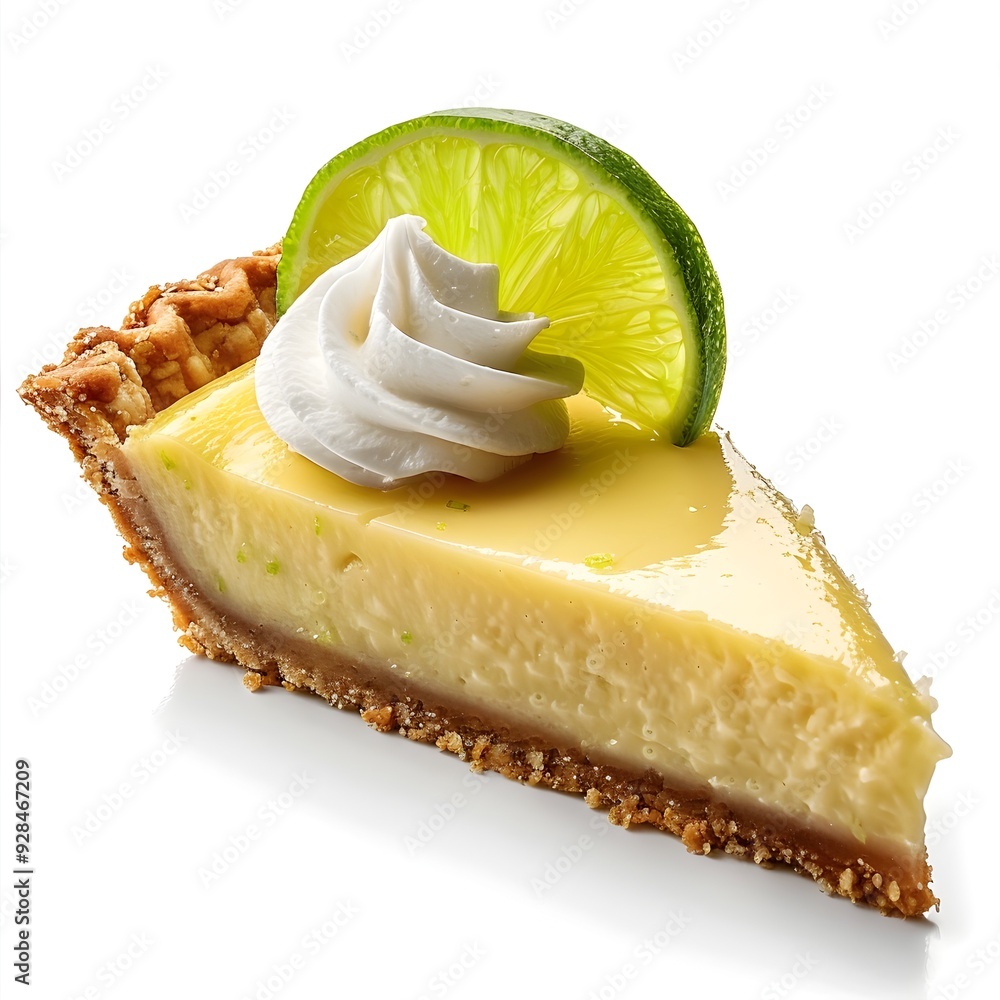Poster delicious slice of key lime pie with whipped cream on white background isolated