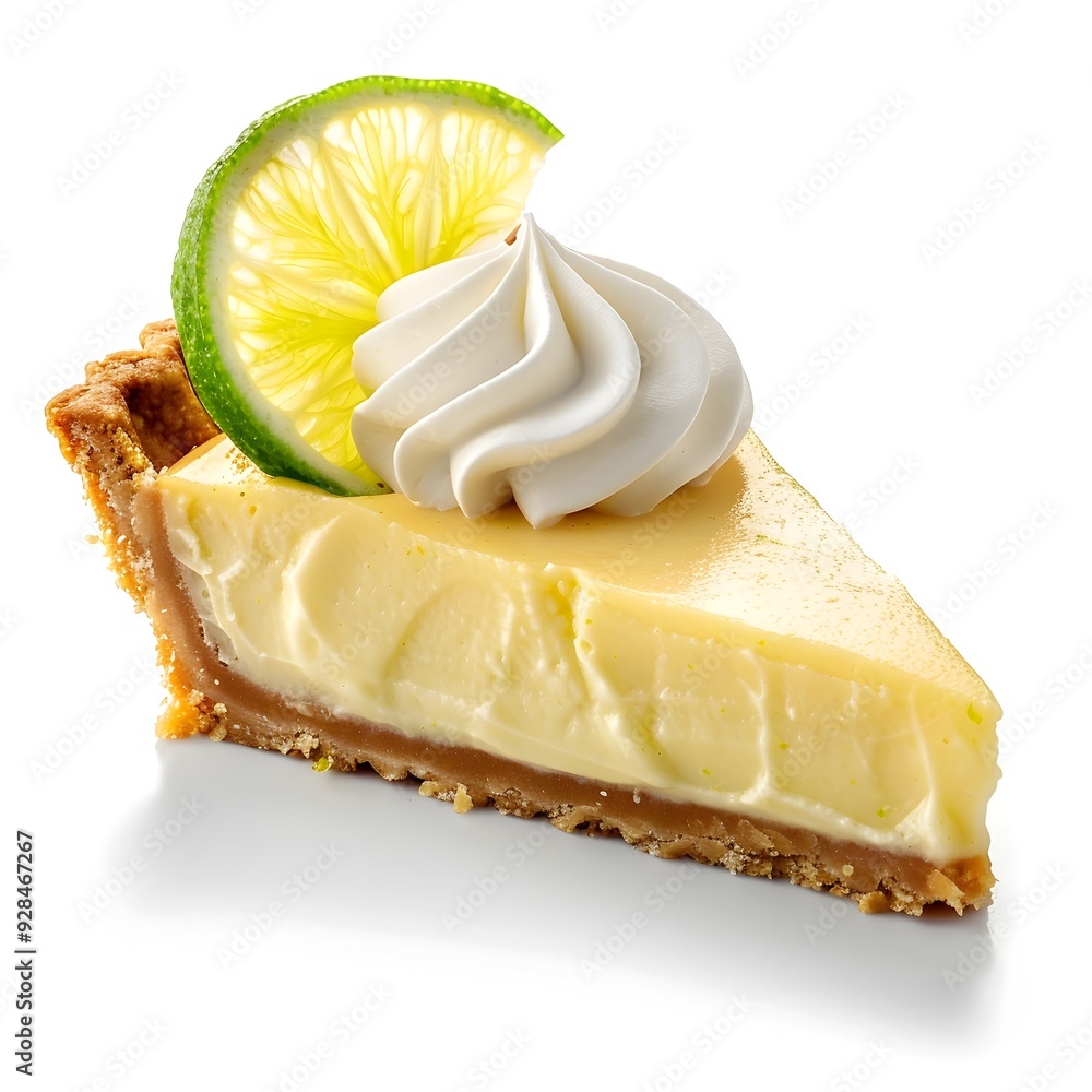 Poster Slice of Key Lime Pie with Whipped Cream Topping on White Background