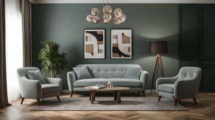 A living room with a couch a table and a lamp