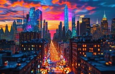 Obraz premium City skyline illuminated at night beneath a vibrant sky.
