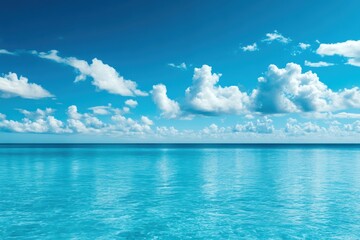 Breathtaking view of a serene ocean with clear blue water and a sky filled with fluffy white clouds. Perfect for travel and nature themes.