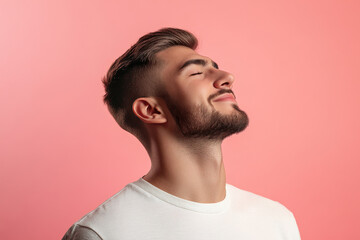 A close up of a man's face with his eyes closed