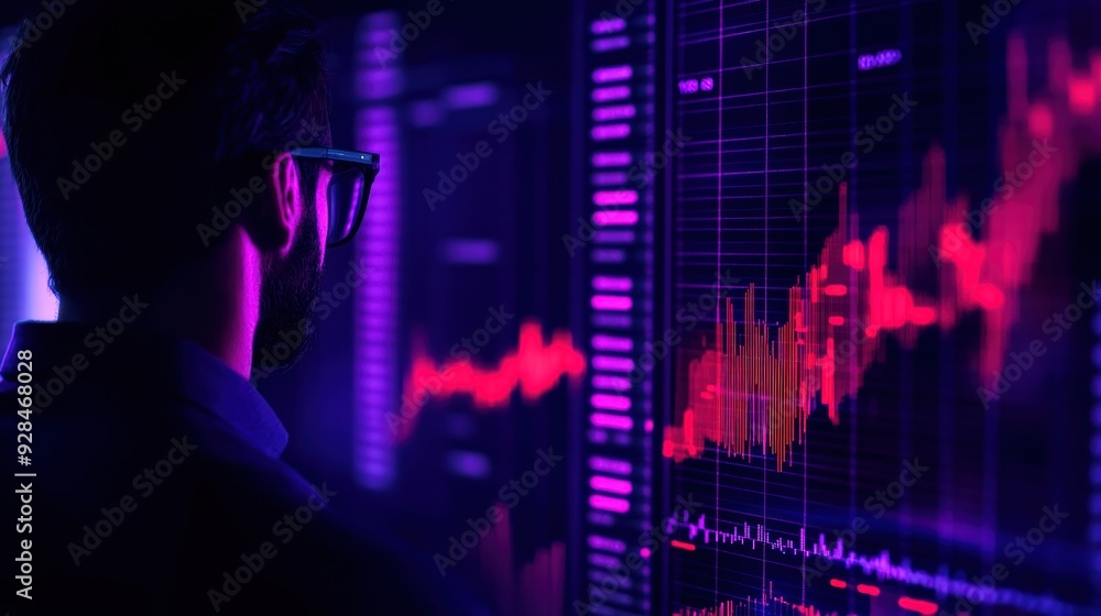 Poster businessman analyzing stock market data on a computer screen with vibrant neon lights. financial tra