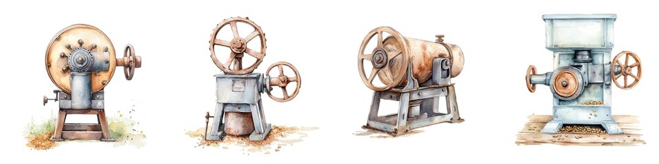 Vintage machinery collection showcasing various types of traditional processing equipment with rustic details.
