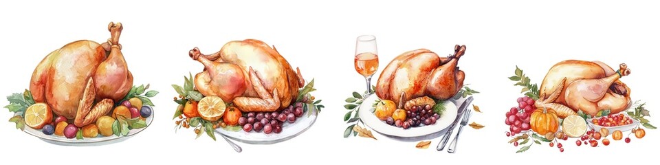A collection of beautifully cooked turkeys, garnished with fresh fruits and herbs, perfect for festive celebrations or culinary displays.