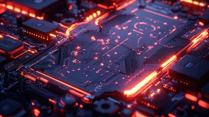 Obraz premium Detailed view of a quantum computer, glowing circuits and dark backdrop