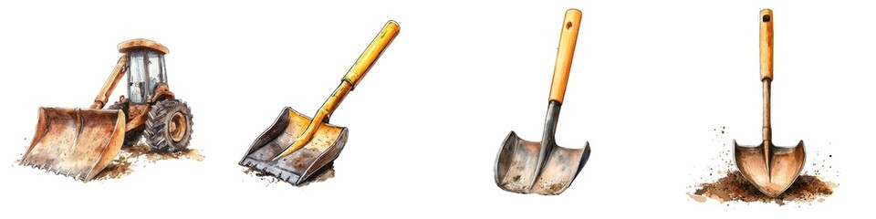 A collection of various tools including a scraper and shovels, perfect for construction, gardening, or landscaping projects.