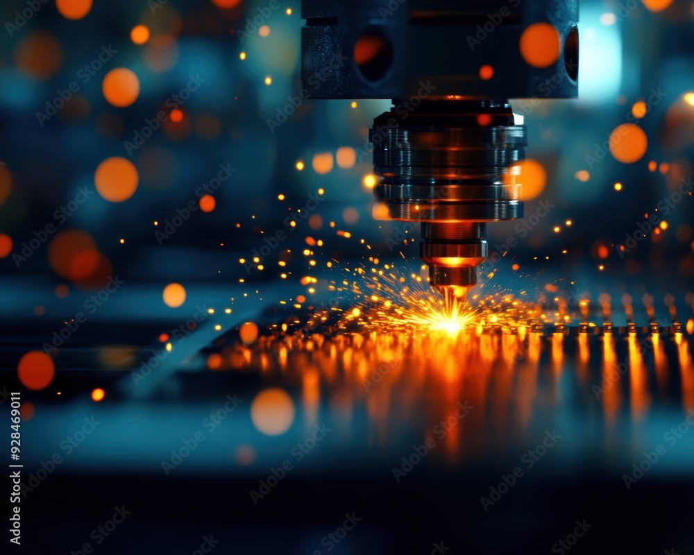 Poster close-up of a cnc laser cutting machine at work, emitting sparks and creating intricate patterns on 