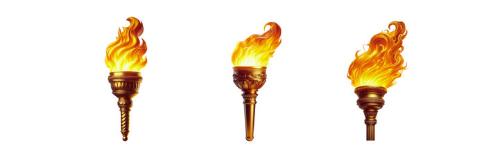 Set of A golden torch emitting bright orange flames, isolated over on transparent white background