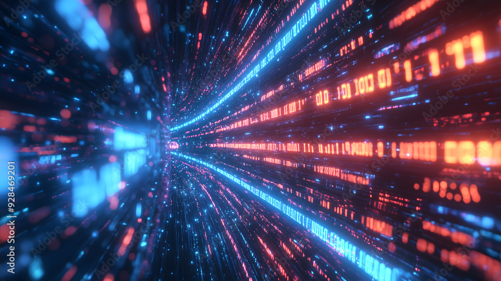 Poster digital data flowing through cyberspace with glowing blue and red lights