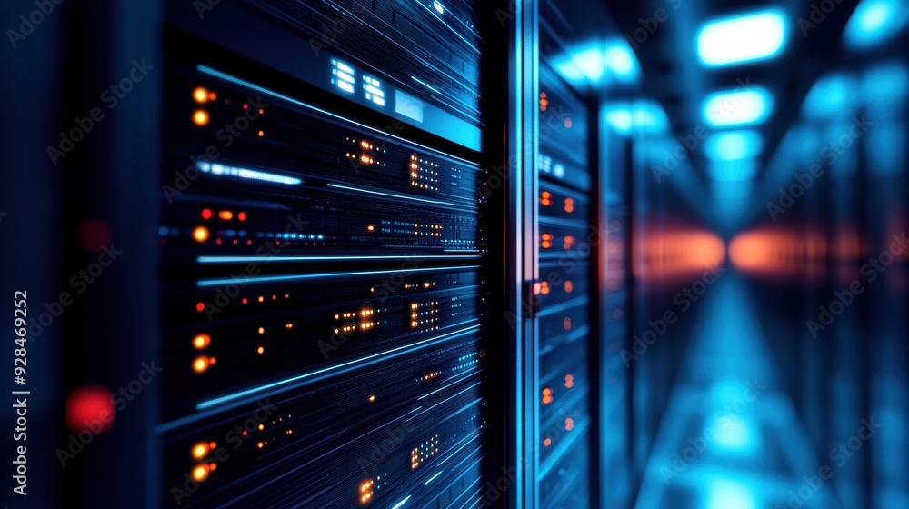 Poster close-up of a data center server rack, highlighting brightly lit control panels and the technologica