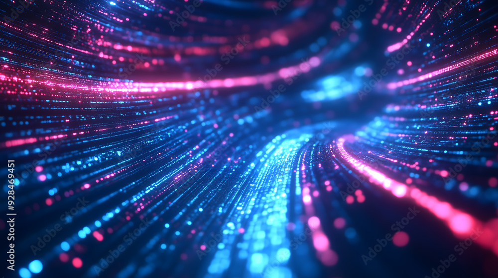 Poster digital data flowing through cyberspace with glowing blue and red lights