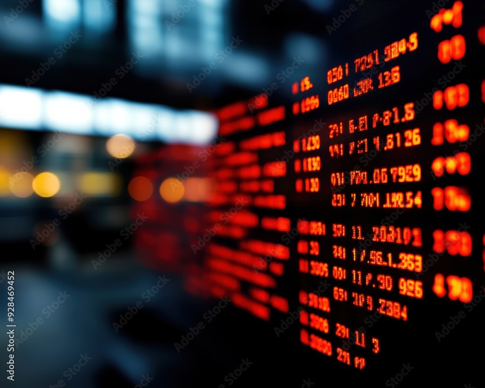 Poster close-up of a digital stock market display board with red numbers representing financial data, stock