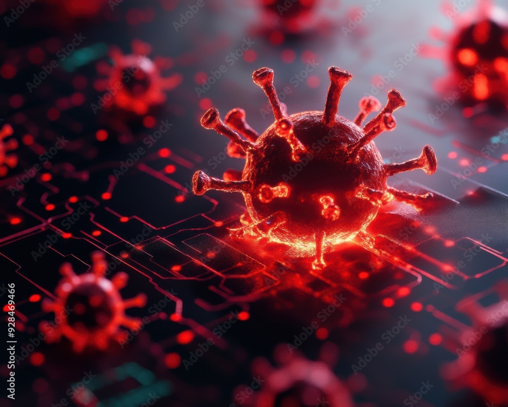 Poster close-up of a digital virus representation with red glowing effect, symbolizing cyber threats and da