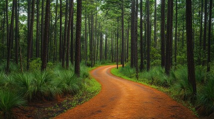 Obraz premium Bicycle path winding through a pine forest, inviting and serene.,