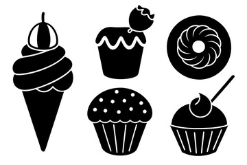 Minimalistic Dessert Silhouettes Vector Illustration | Cake, Ice Cream, Donut, Cupcake, Pie & Pudding Icons