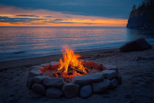 Campfire at the beach, bonfire on the sea coast