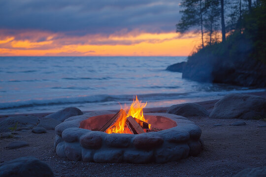 Campfire at the beach, bonfire on the sea coast