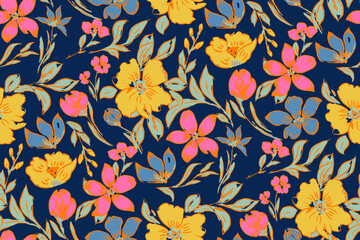 Cute hand drawn feminine watercolor seamless pattern with wildflowers.