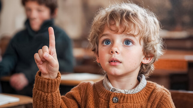 very well dressed child, first in class, who raises his finger to ask to speak