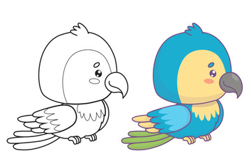 Cute Ara parrot. Outline and color drawing. Isolated funny cartoon kawaii tropical bird characters. Vector illustration. Kids collection