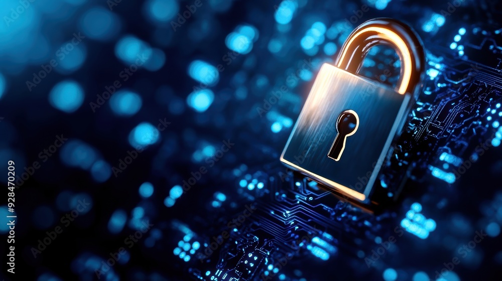 Poster close-up of a padlock on a digital background symbolizing cybersecurity, data protection, and online