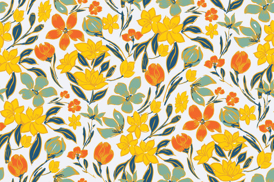 Cute hand drawn feminine watercolor seamless pattern with wildflowers.