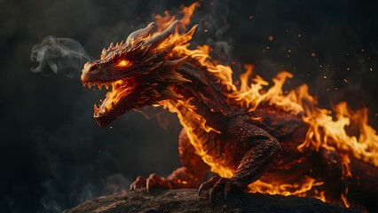 Dragon among the blooming flowers of the enchanted meadow