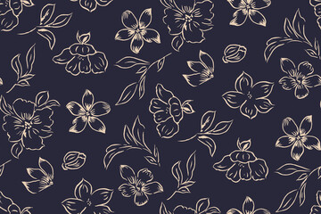 
Simple monochrome two-color seamless pattern with flowers silhouette.