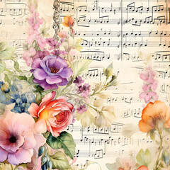 A beautifully detailed vintage scrapbook paper featuring a blend of watercolor florals and a musical sheet background. The harmonious combination creates a classic, artistic look.