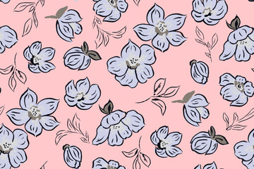Cute hand drawn feminine watercolor seamless pattern with wildflowers.
