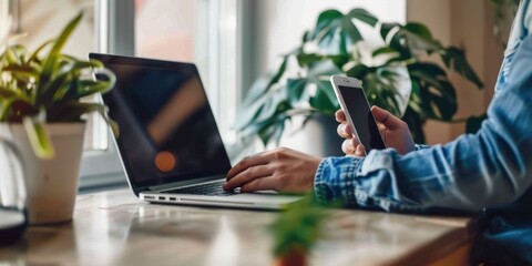 Person working remotely with a laptop and smartphone in a cozy home office setting, emphasizing modern remote work practices.