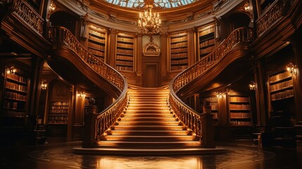 Obraz premium Elegant library with grand staircase and ornate ceiling, warm lighting