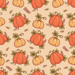 Autumn seamless pattern. Orange pumpkin with leaves on yellow background. Vector autumnal illustration for design, packaging, wallpaper, textile