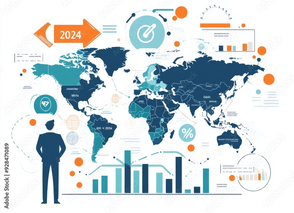 Poster global business analytics illustration for 2024 with world map and statistical charts