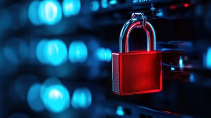 Close-up of a red padlock on a computer server, symbolizing data security and information protection in a digital environment.