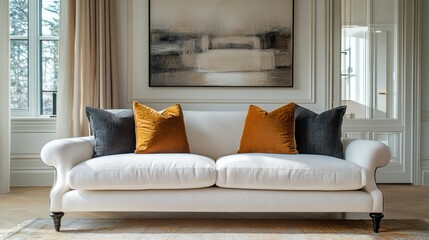 A transitional living room with a white sofa, mixed materials, and a blend of classic and modern elements, creating a timeless look.