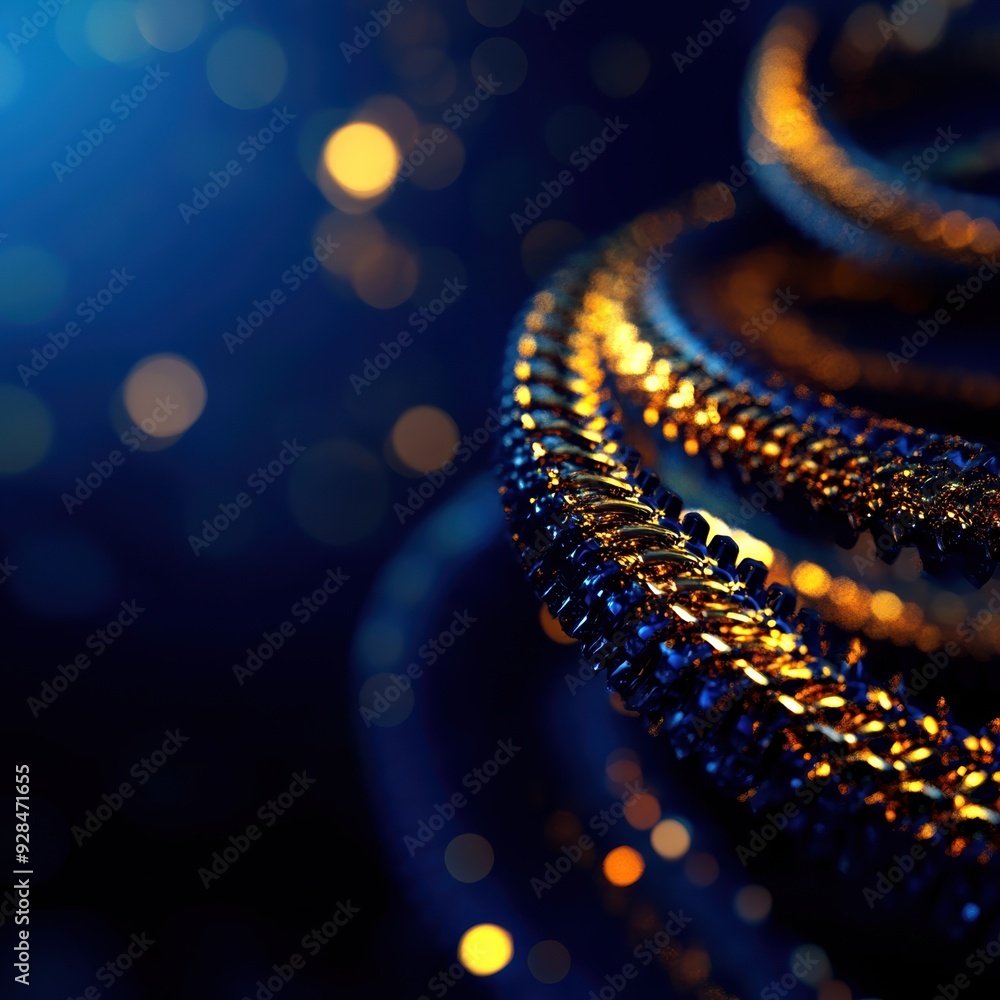 Aufkleber close-up of abstract gold and blue spirals with bokeh background, creating a mesmerizing and elegant