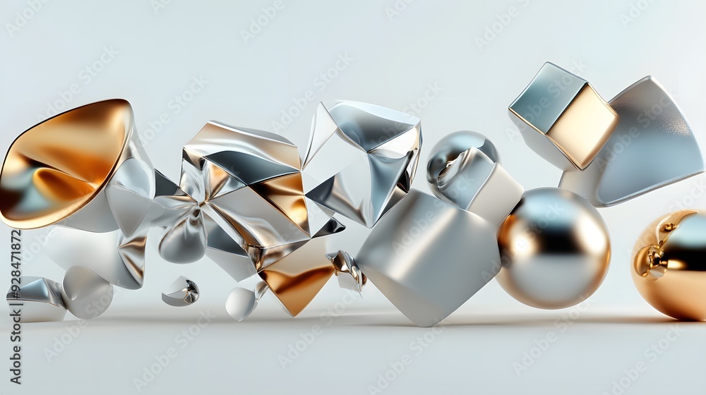 Poster 14. geometric shapes with metallic sheen arranged in a dynamic 3d pattern, isolated on a pure white 